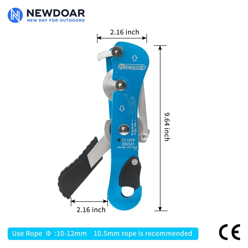 NewDoar Climbing Stop Descender Rappelling Belay for Ropes 9-12mm The Novices for Arborist CE Certification(Blue) - Image 2